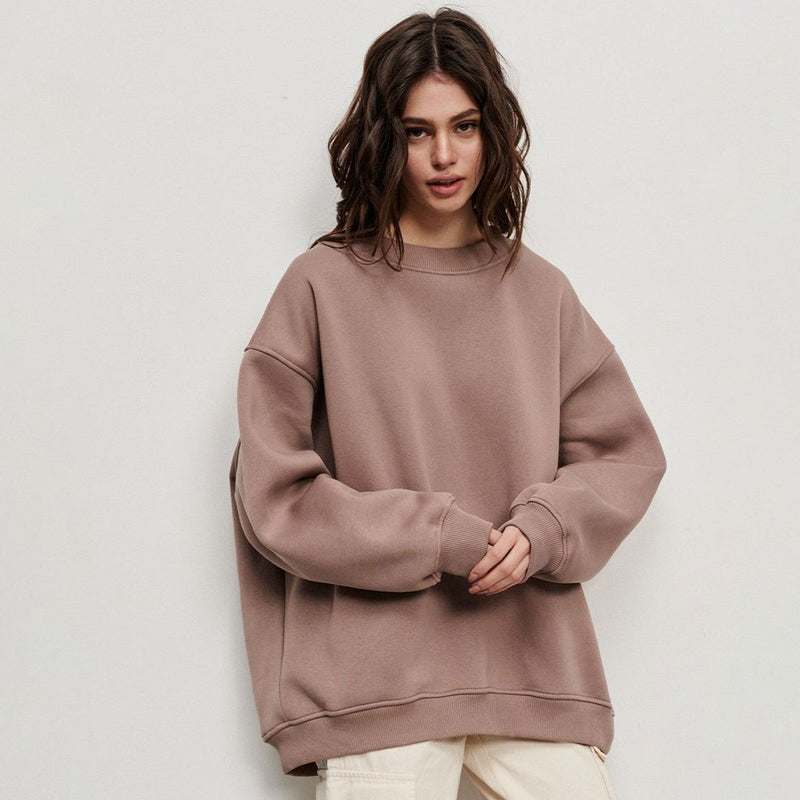 Athletic Oversized Drop Shoulder Winter Pullover Sweatshirt - Light Brown