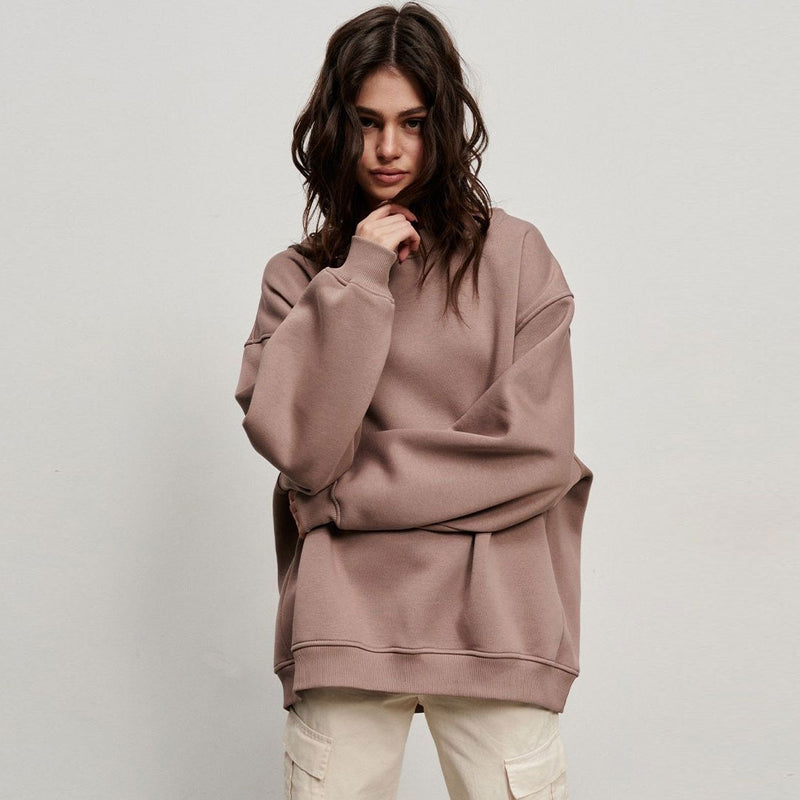 Athletic Oversized Drop Shoulder Winter Pullover Sweatshirt - Light Brown