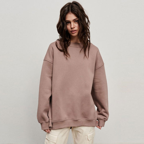 Athletic Oversized Drop Shoulder Winter Pullover Sweatshirt - Light Brown