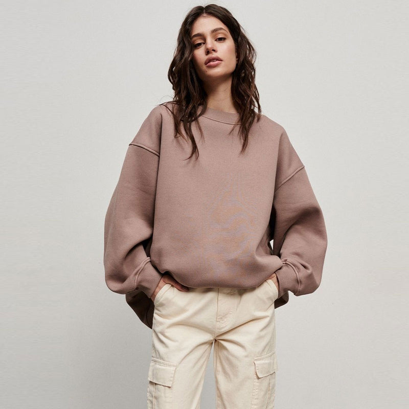 Athletic Oversized Drop Shoulder Winter Pullover Sweatshirt - Light Brown