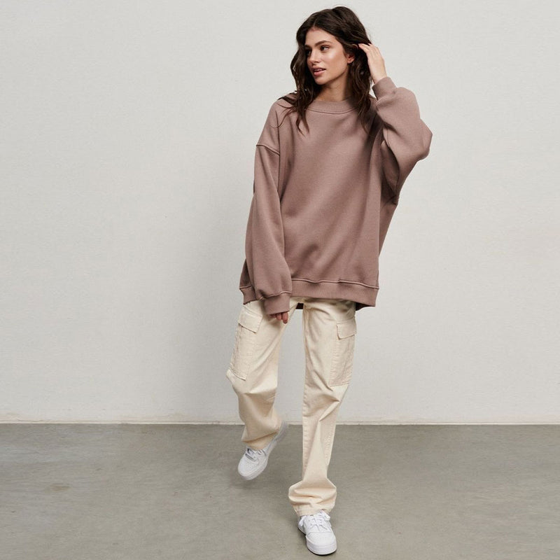 Athletic Oversized Drop Shoulder Winter Pullover Sweatshirt - Light Brown