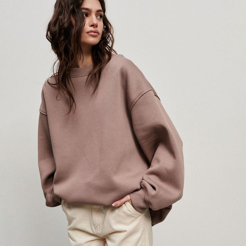 Athletic Oversized Drop Shoulder Winter Pullover Sweatshirt - Light Brown