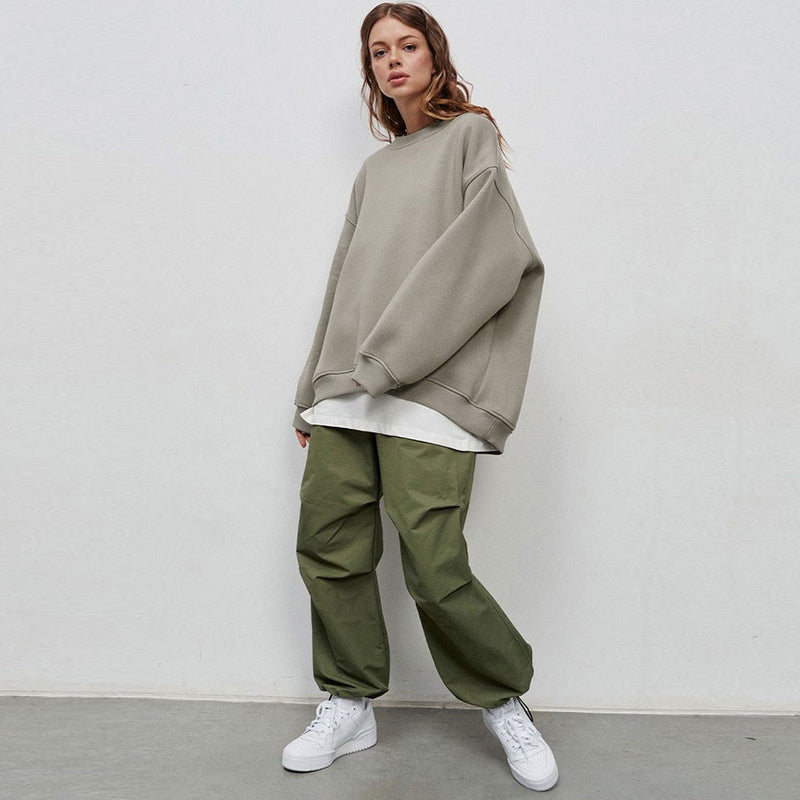 Athletic Oversized Drop Shoulder Winter Pullover Sweatshirt - Light Gray