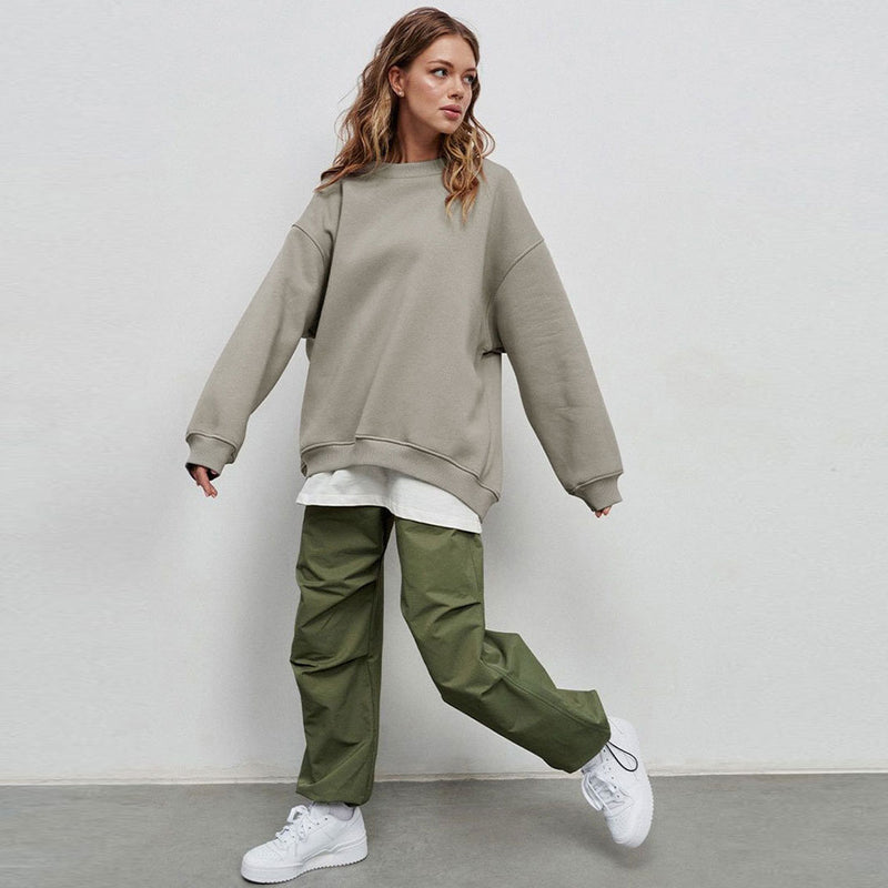 Athletic Oversized Drop Shoulder Winter Pullover Sweatshirt - Light Gray