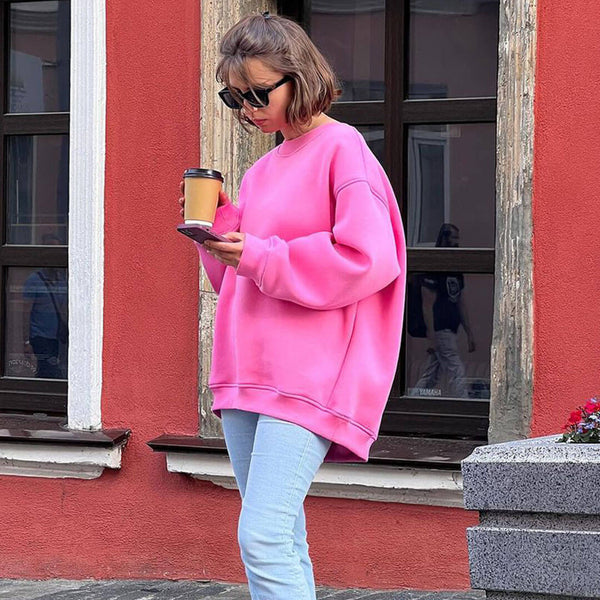 Athletic Oversized Drop Shoulder Winter Pullover Sweatshirt - Light Pink