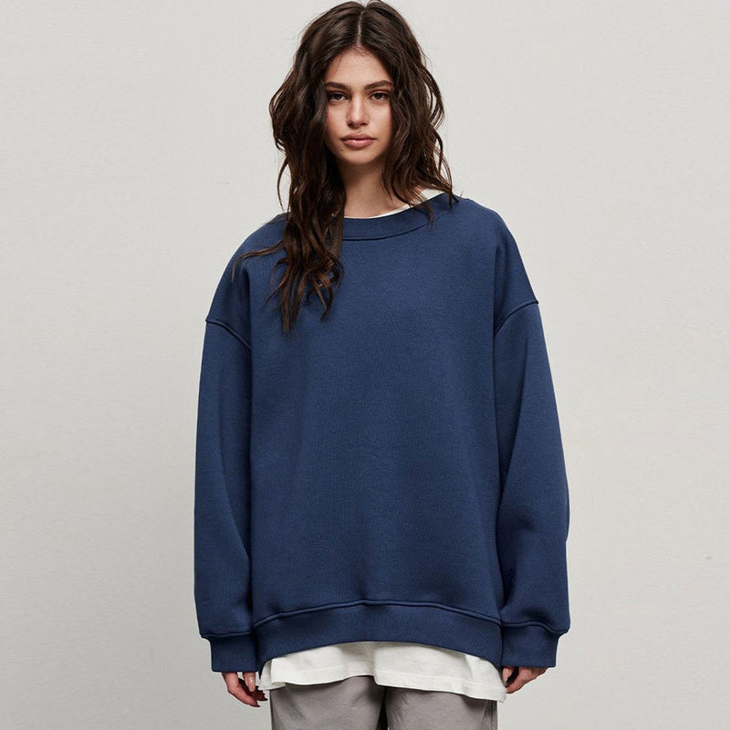 Athletic Oversized Drop Shoulder Winter Pullover Sweatshirt - Navy Blue