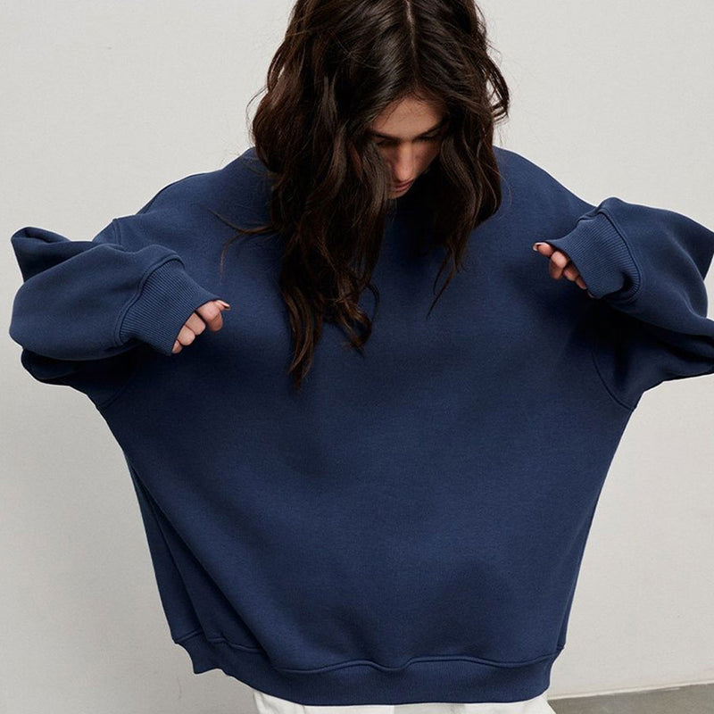 Athletic Oversized Drop Shoulder Winter Pullover Sweatshirt - Navy Blue