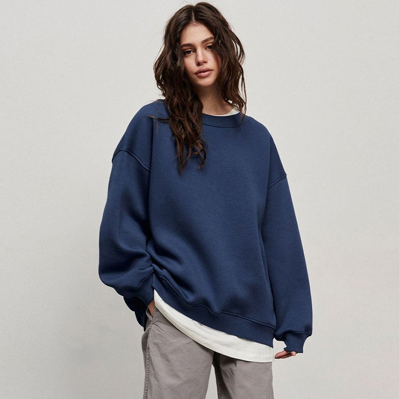 Athletic Oversized Drop Shoulder Winter Pullover Sweatshirt - Navy Blue