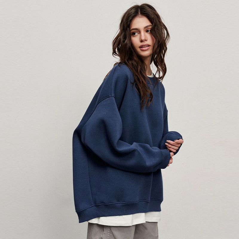 Athletic Oversized Drop Shoulder Winter Pullover Sweatshirt - Navy Blue