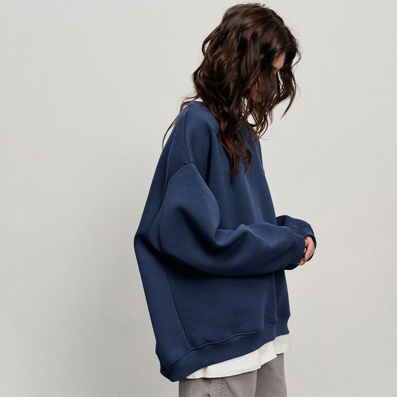 Athletic Oversized Drop Shoulder Winter Pullover Sweatshirt - Navy Blue