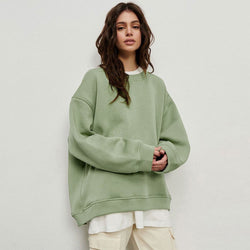 Athletic Oversized Drop Shoulder Winter Pullover Sweatshirt - Olive Green