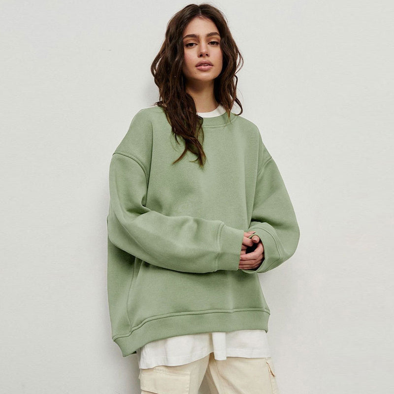 Athletic Oversized Drop Shoulder Winter Pullover Sweatshirt - Olive Green