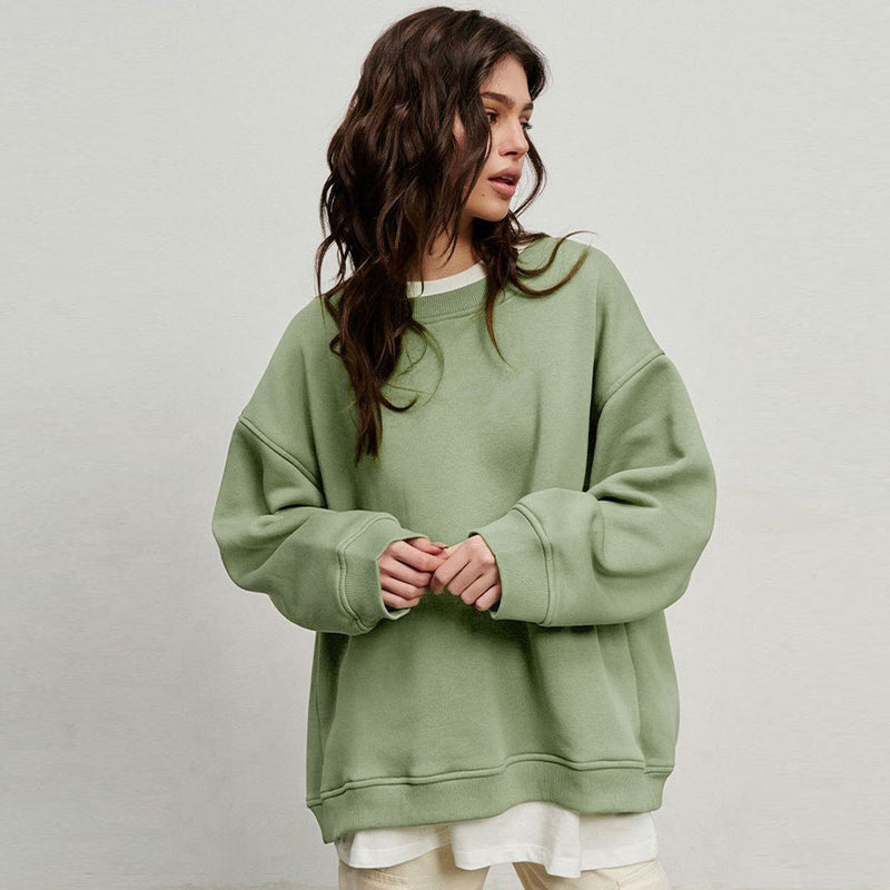 Athletic Oversized Drop Shoulder Winter Pullover Sweatshirt - Olive Green