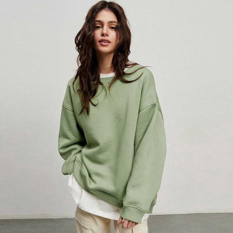 Athletic Oversized Drop Shoulder Winter Pullover Sweatshirt - Olive Green