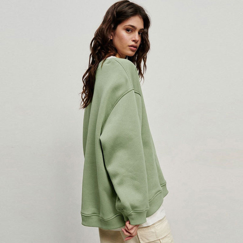Athletic Oversized Drop Shoulder Winter Pullover Sweatshirt - Olive Green