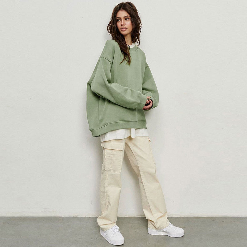 Athletic Oversized Drop Shoulder Winter Pullover Sweatshirt - Olive Green