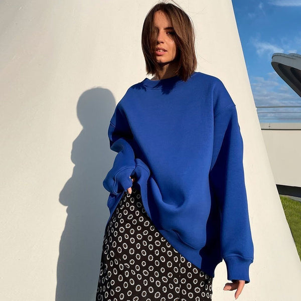 Athletic Oversized Drop Shoulder Winter Pullover Sweatshirt - Royal Blue