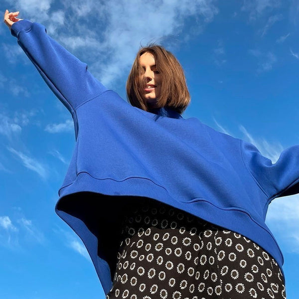 Athletic Oversized Drop Shoulder Winter Pullover Sweatshirt - Royal Blue