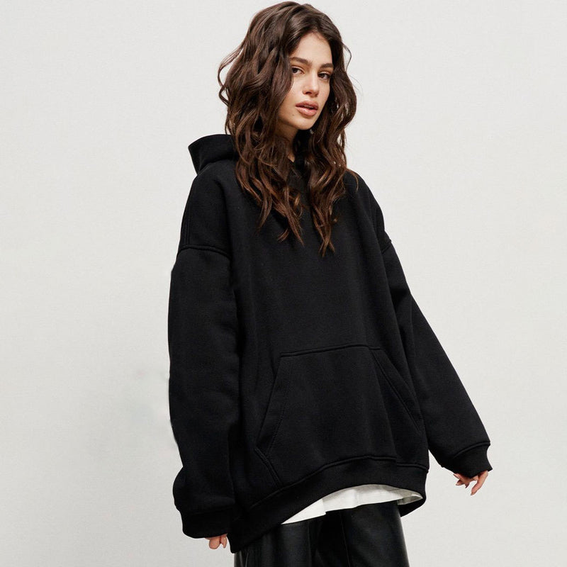 Athletic Style Oversized Drop Shoulder Winter Hooded Sweatshirt - Black