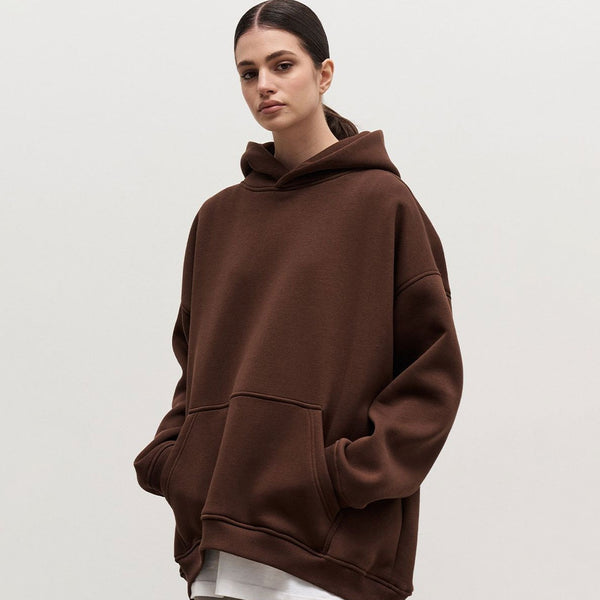 Athletic Style Oversized Drop Shoulder Winter Hooded Sweatshirt - Coffee