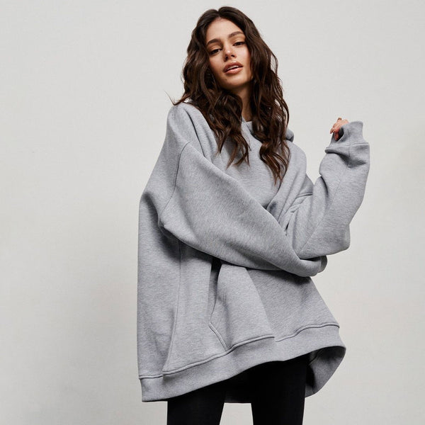 Athletic Style Oversized Drop Shoulder Winter Hooded Sweatshirt - Gray