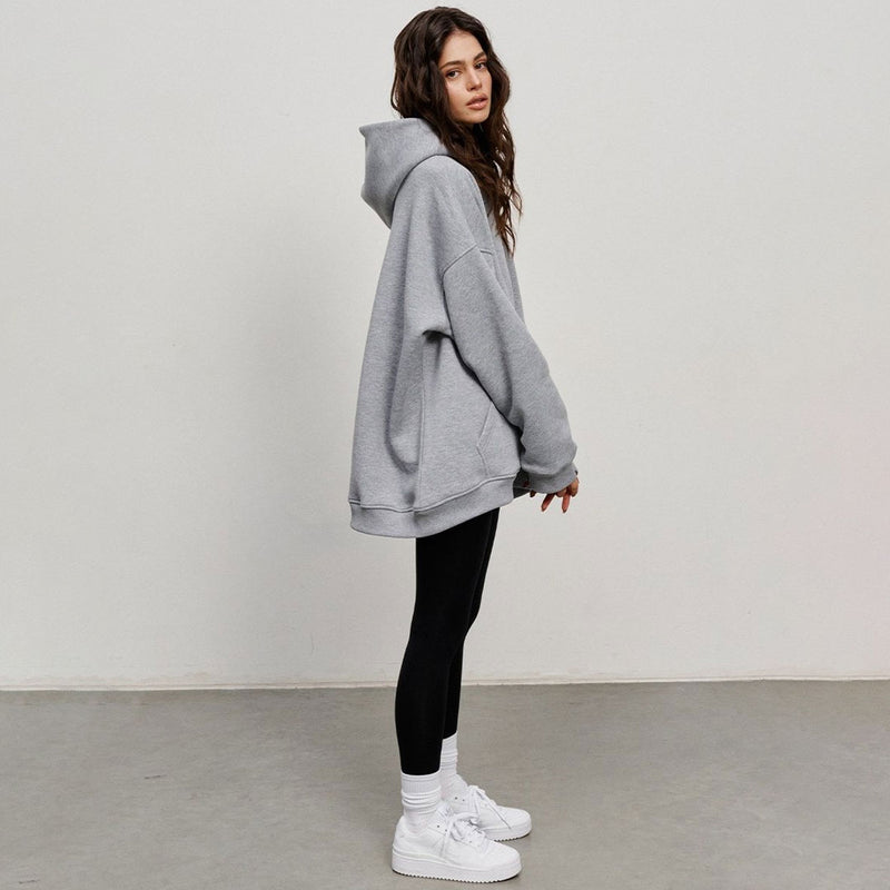 Athletic Style Oversized Drop Shoulder Winter Hooded Sweatshirt - Gray