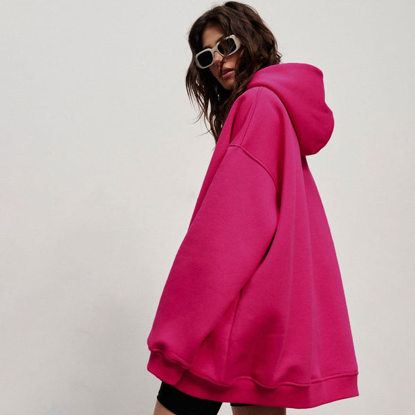 Athletic Style Oversized Drop Shoulder Winter Hooded Sweatshirt - Hot Pink
