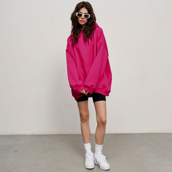 Athletic Style Oversized Drop Shoulder Winter Hooded Sweatshirt - Hot Pink