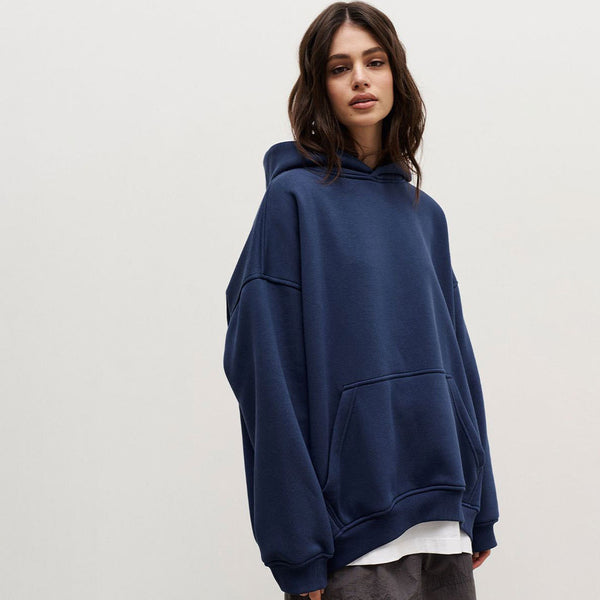 Athletic Style Oversized Drop Shoulder Winter Hooded Sweatshirt - Navy Blue