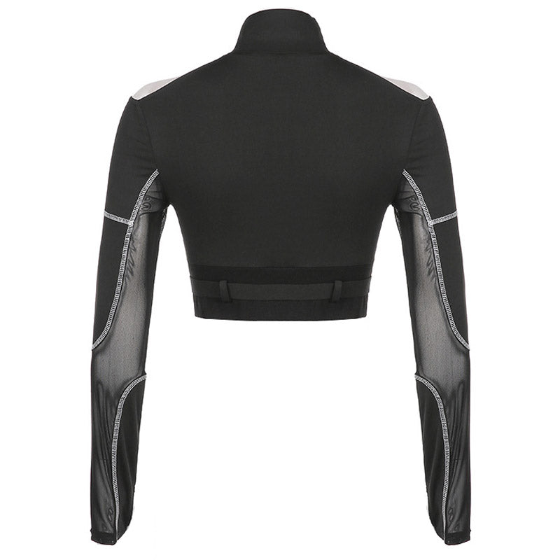 Biker High Neck Zip Front Long Sleeve Cutout Mesh Buckled Crop Top - Black