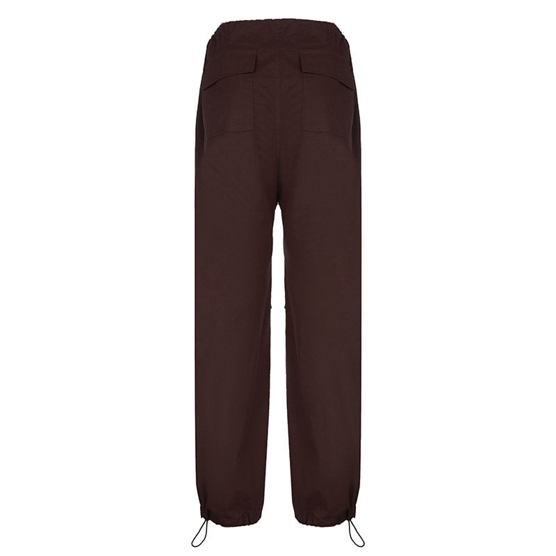Casual Low Waist Drawstring Ruched Trim Baggy Cargo Pants - Brown