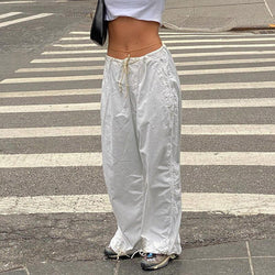 Casual Low Waist Drawstring Ruched Trim Baggy Cargo Pants - White – Trendy  & Unique
