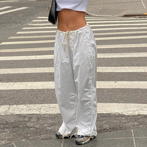 Casual Low Waist Drawstring Ruched Trim Baggy Cargo Pants - White