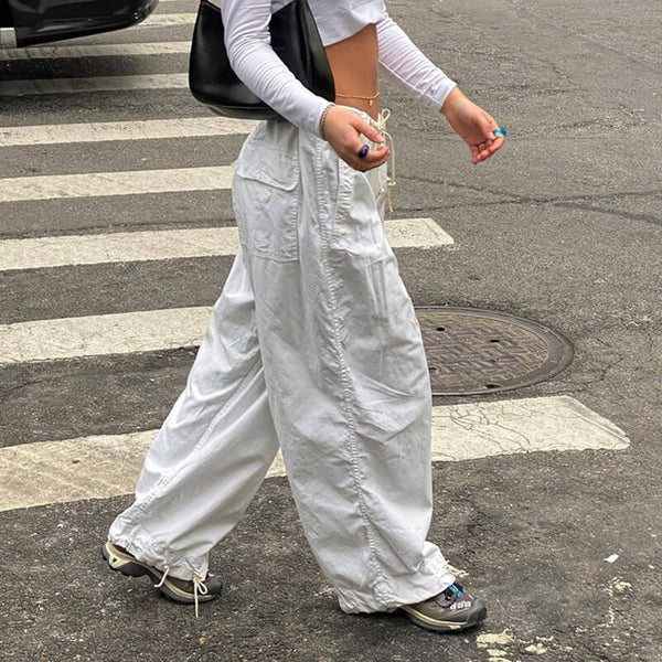 Casual Low Waist Drawstring Ruched Trim Baggy Cargo Pants - White