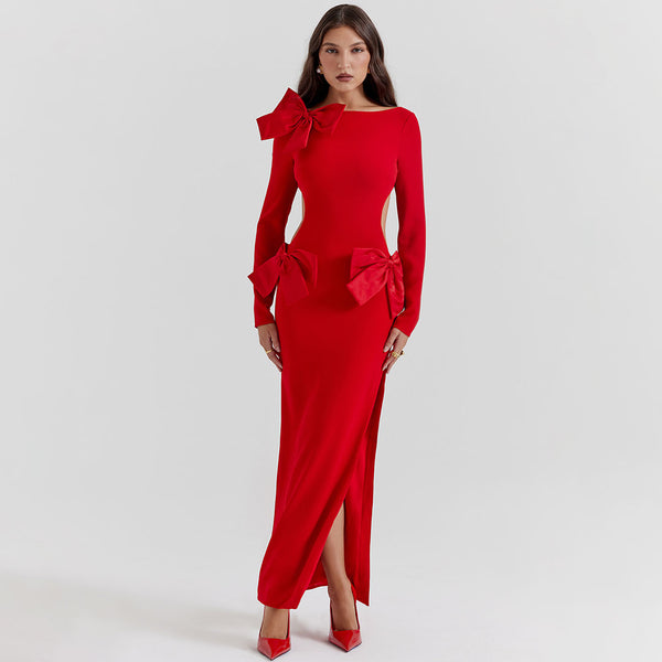 Celebrity Bow Crew Neck Long Sleeve Cutout Evening Maxi Dress - Red