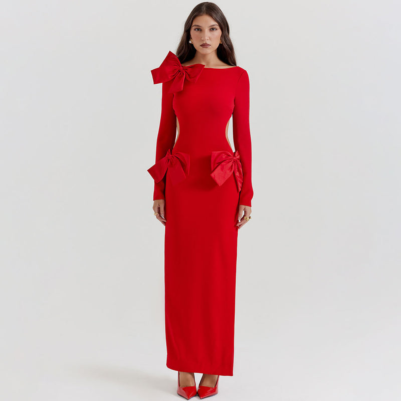 Celebrity Bow Crew Neck Long Sleeve Cutout Evening Maxi Dress - Red