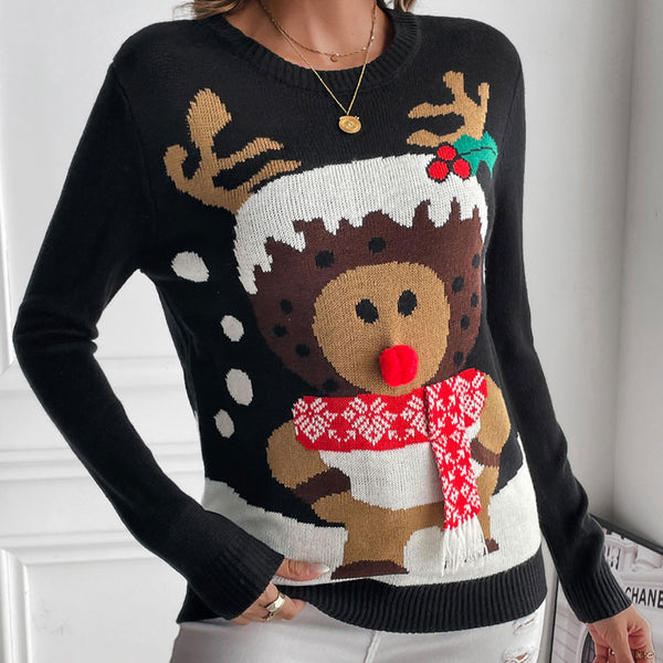 Chic Crew Neck Long Sleeve Fit Cute Reindeer Christmas Sweater - Black
