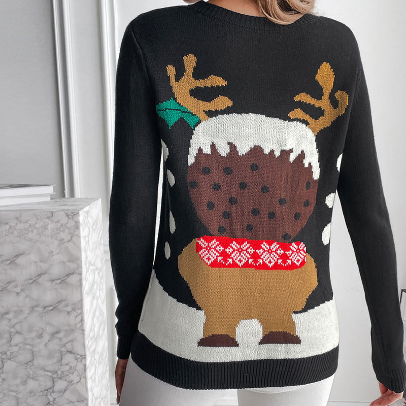 Chic Crew Neck Long Sleeve Fit Cute Reindeer Christmas Sweater - Black