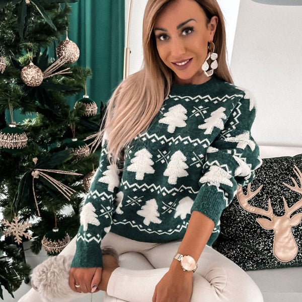 Christmas Tree Jacquard Crew Neck Long Sleeve Oversized Sweater - Green