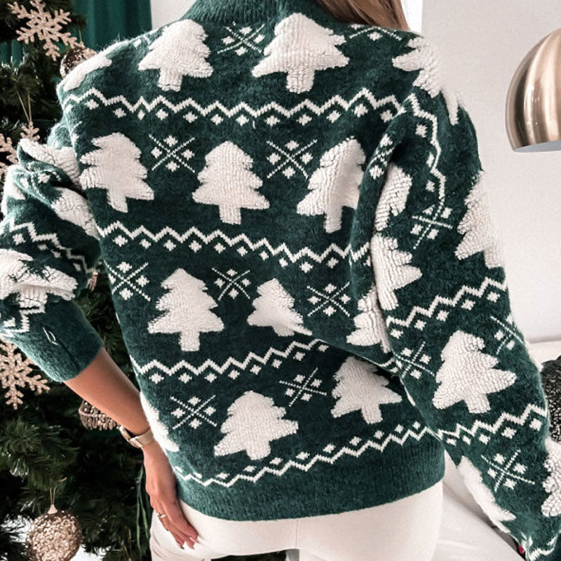 Christmas Tree Jacquard Crew Neck Long Sleeve Oversized Sweater - Green
