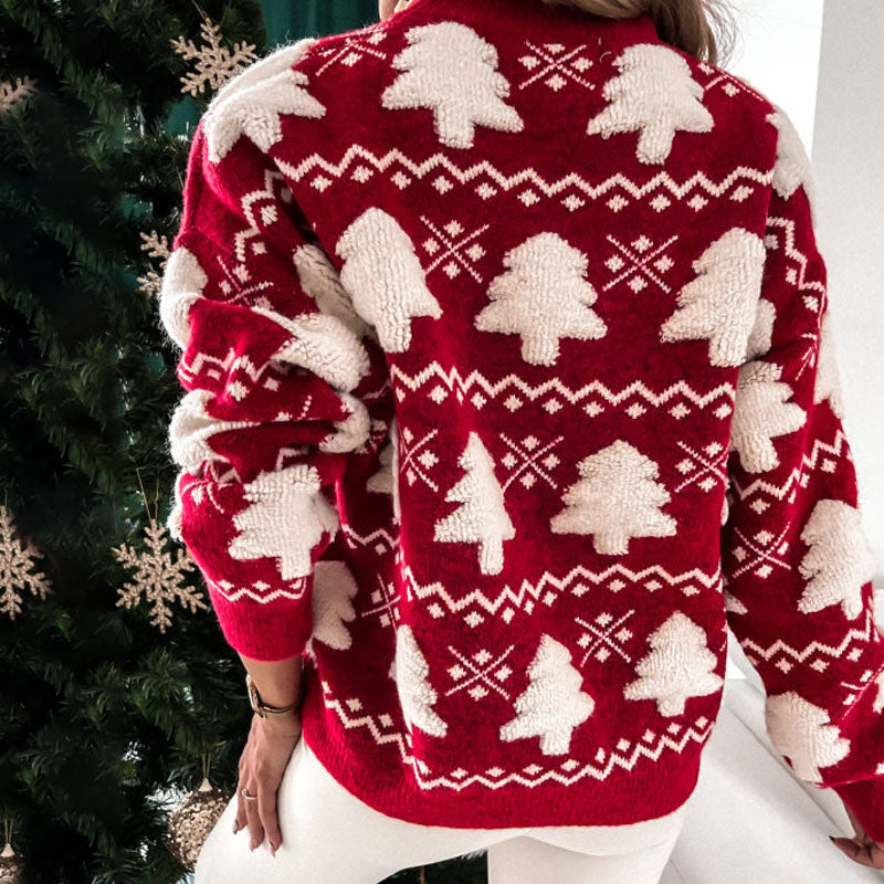 Christmas Tree Jacquard Crew Neck Long Sleeve Oversized Sweater - Red