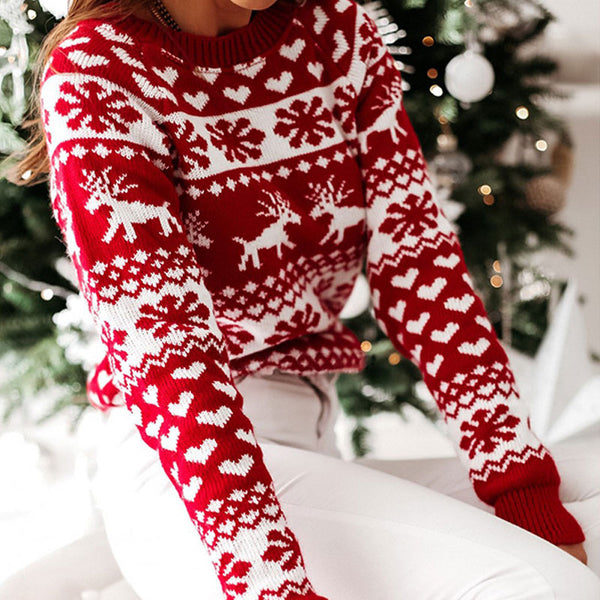 Cozy Ribbed Round Neck Long Sleeve Christmas Pullover Sweater - Red