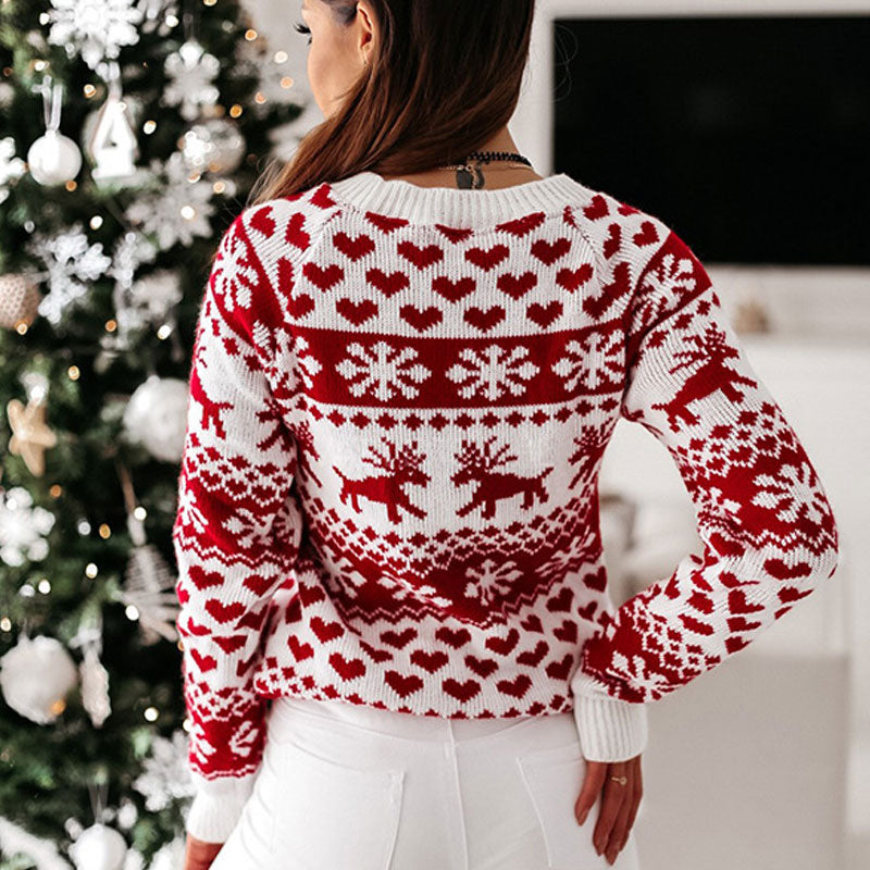 Cozy Ribbed Round Neck Long Sleeve Christmas Pullover Sweater - White
