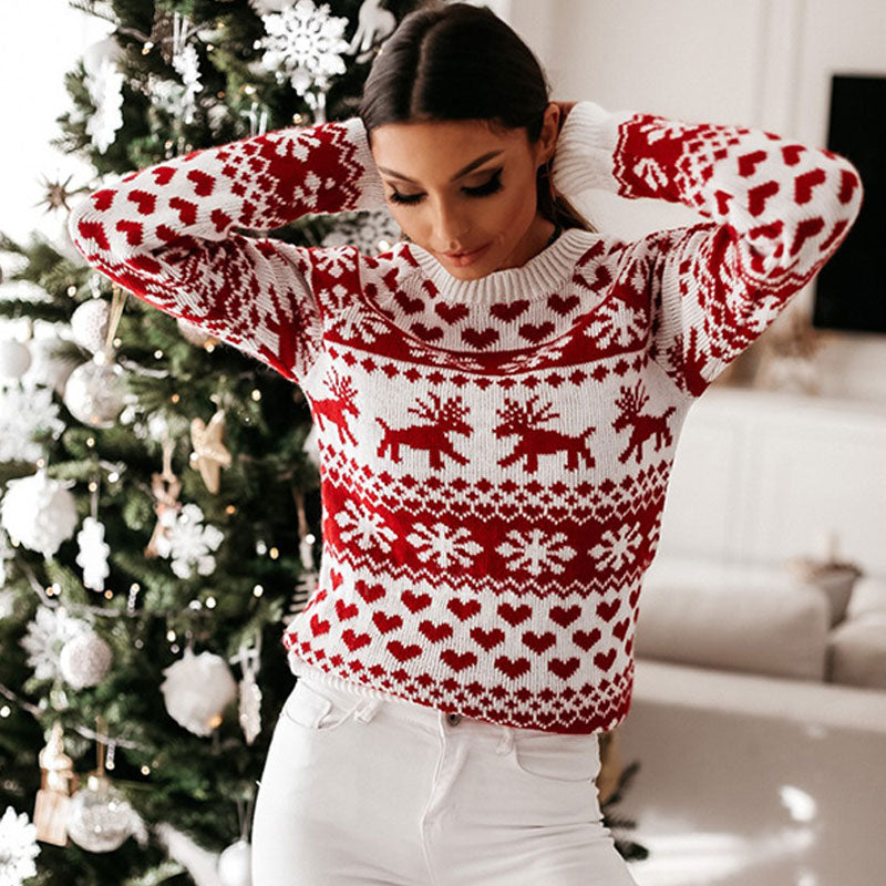 Cozy Ribbed Round Neck Long Sleeve Christmas Pullover Sweater - White