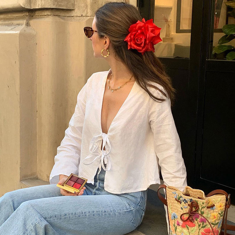 Cute Plunge Neck Bow Tie Drop Shoulder Long Sleeve Summer Blouse