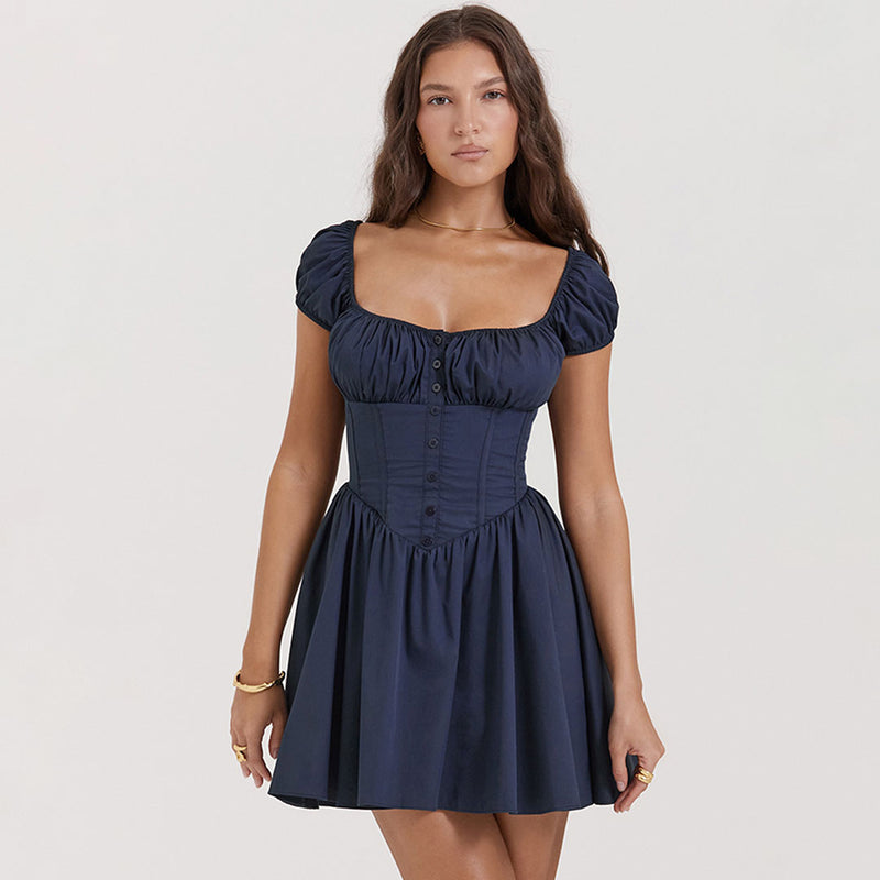 Cute Puff Sleeve Button Trim Drop Waist Fit and Flare Corset Mini Dress - Navy Blue