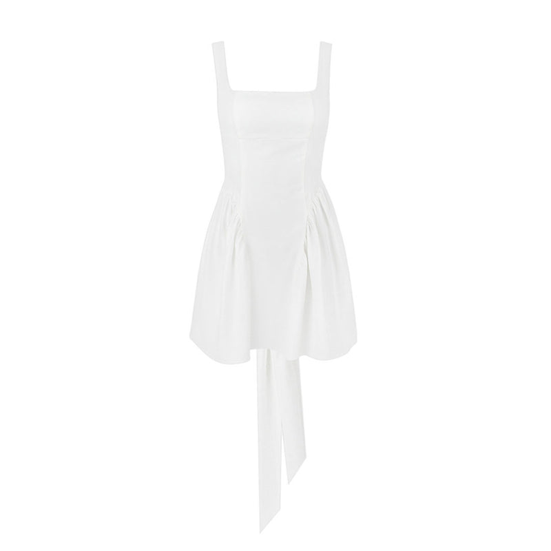 Cute Square Neck Bow Tie Backless Gathered Drop Waist Mini Sundress