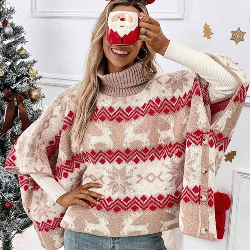 Cute Turtleneck Oversized Bathing Sleeve Christmas Poncho Sweater - Red