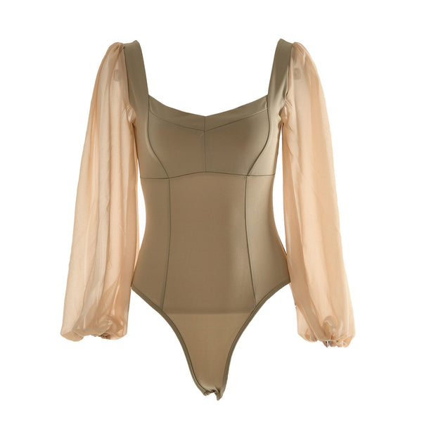 Elegant High Cut Mesh Puff Sleeves Sweetheart Bodysuit  - Khaki