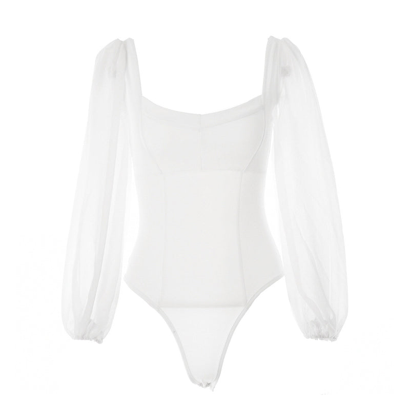 Elegant High Cut Mesh Puff Sleeves Sweetheart Bodysuit  - White